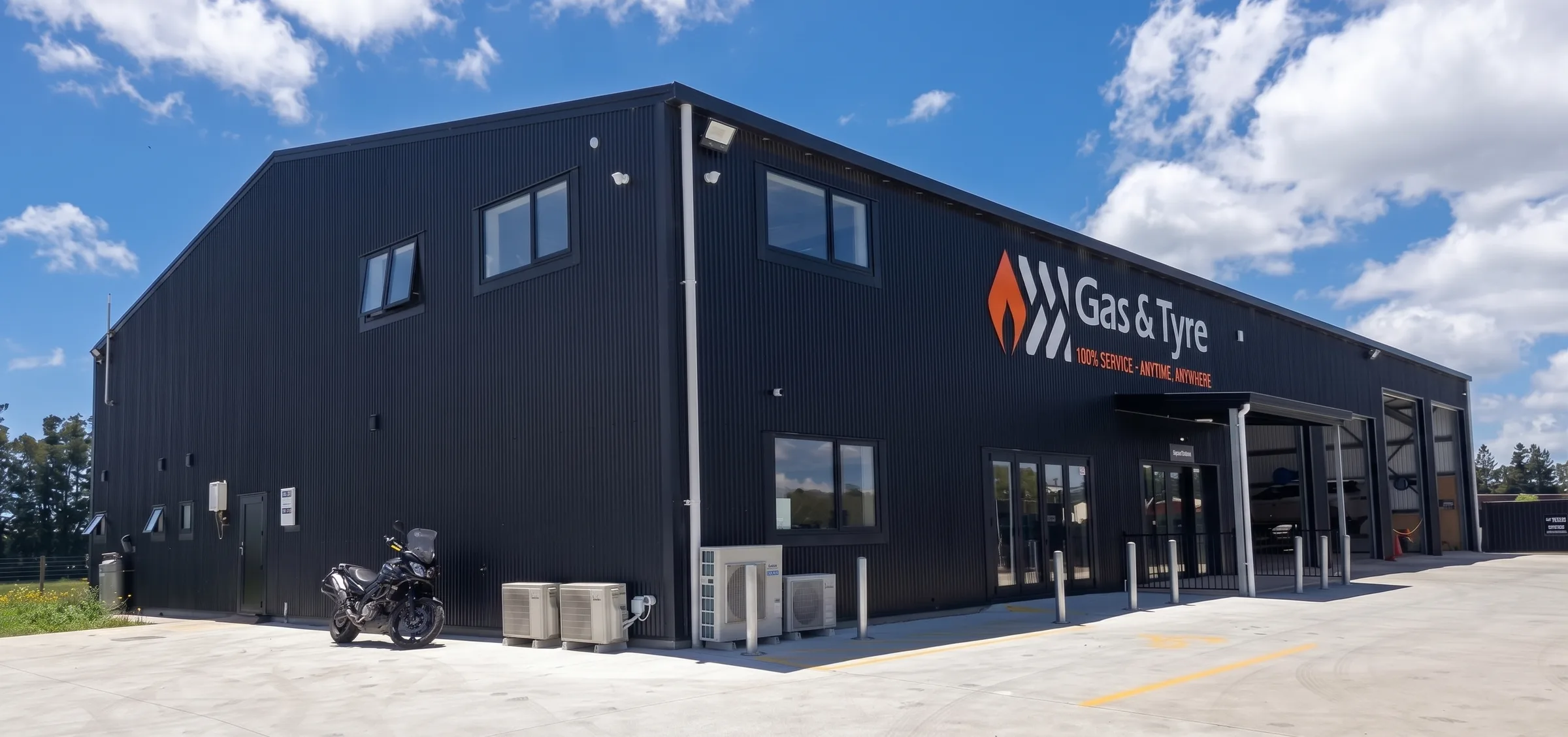 Gas & Tyre commercial building with workshop bays and reception entrance