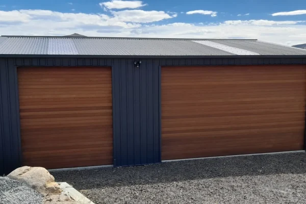 Single and double door garage with cedar doors, built by Durasteel Structures, Christchurch