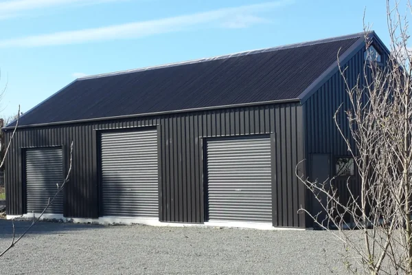 3-bay garage with gable roof, built by Durasteel Structures, Christchurch