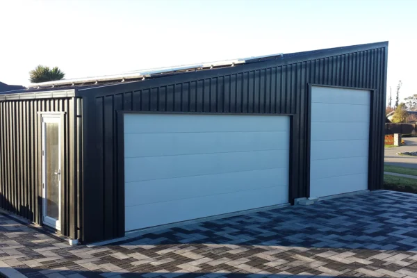 Skillion roof double garage, built by Durasteel Structures, Christchurch