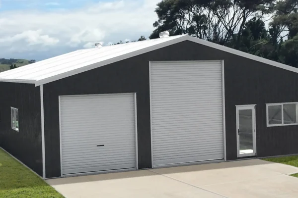 Double door garage and shed with 5-degree pitch roof, built by The Shed Company, North Auckland