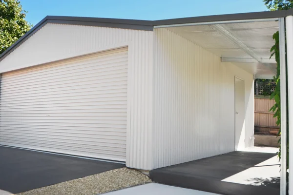 Double garage with lean-to, built by The Shed Company, North Auckland