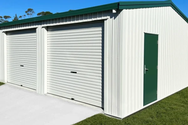 Large two-door double garage with side doors, built by The Shed Company, North Auckland